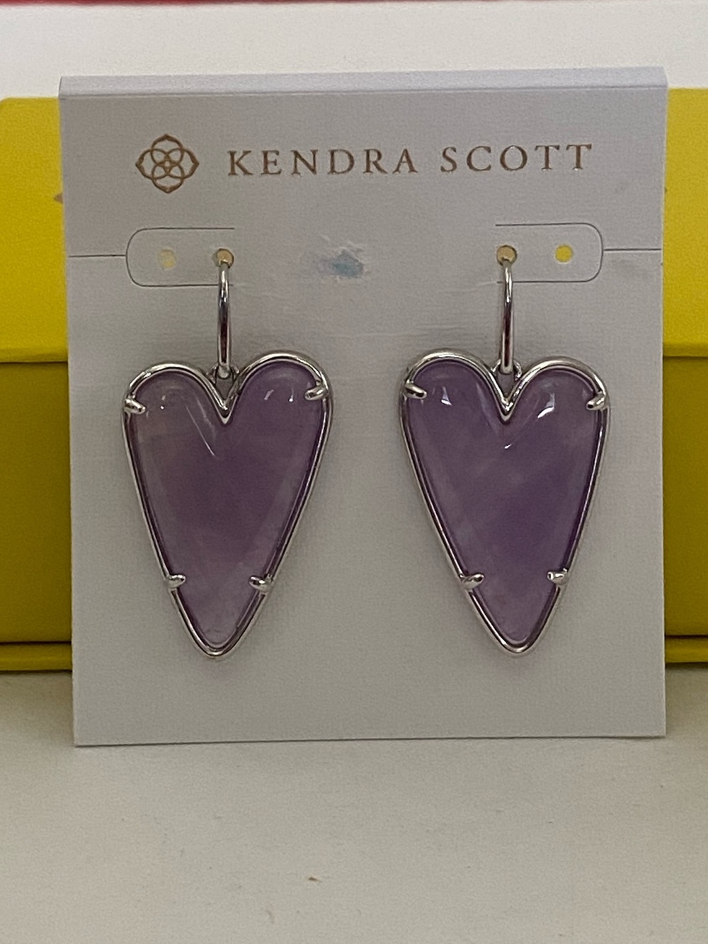 Kendra Scott Ansley Amethyst Heart Shape Drop Earrings Rhodium Plated Frames NEW